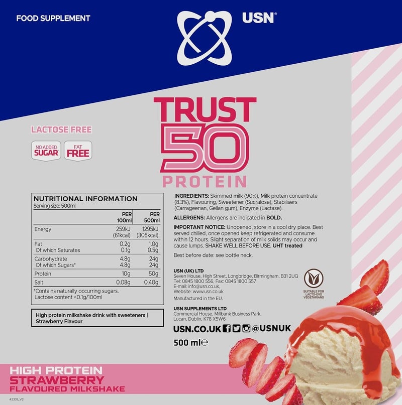 يو إس إن يو اس ان ترست 50 ميلك شيك بروتين بنكهة الفراولة، 500 مل - Image 2